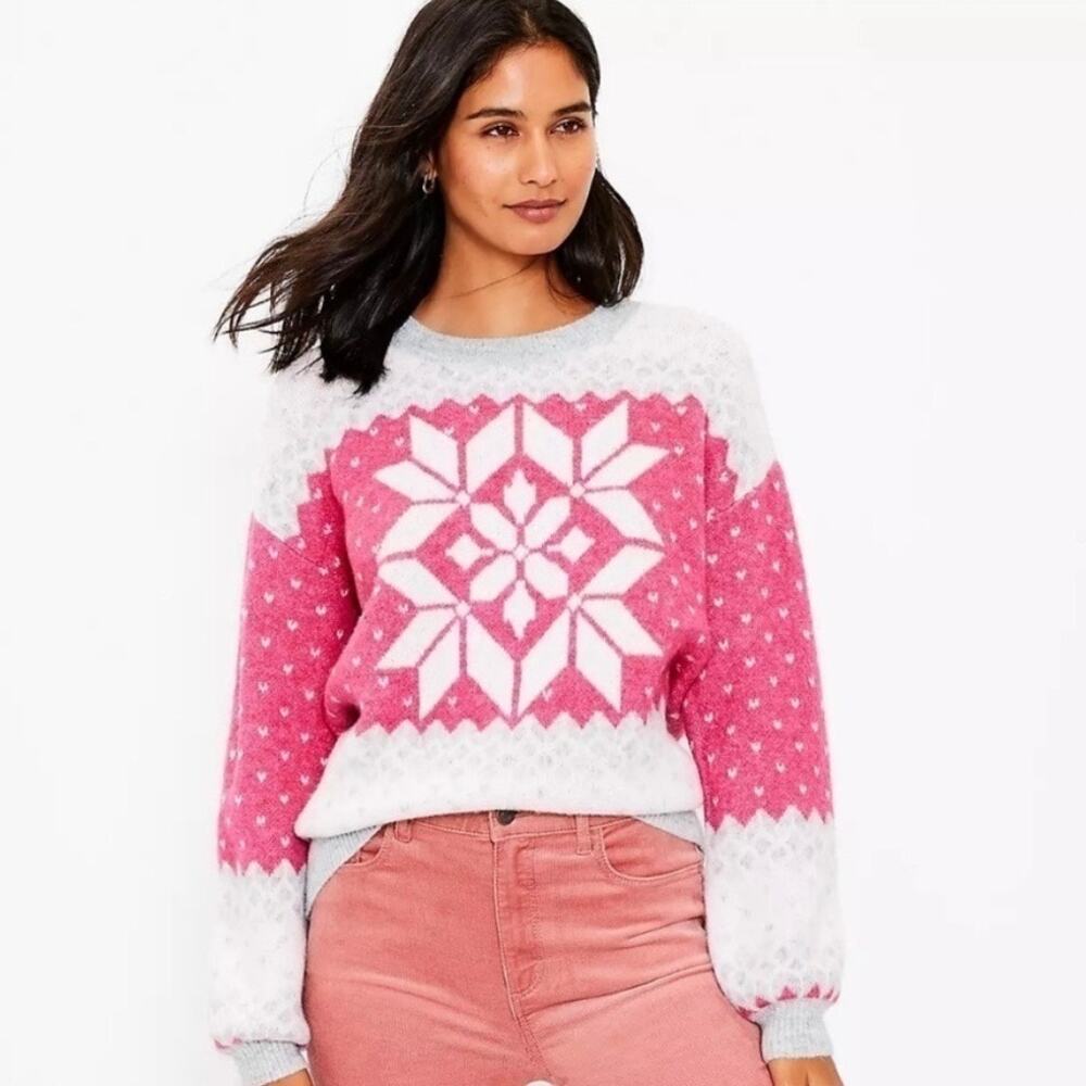 Ann Taylor LOFT Pink Fair Isle Nordic Snowflake Oversized Crewneck Sweater LARGE